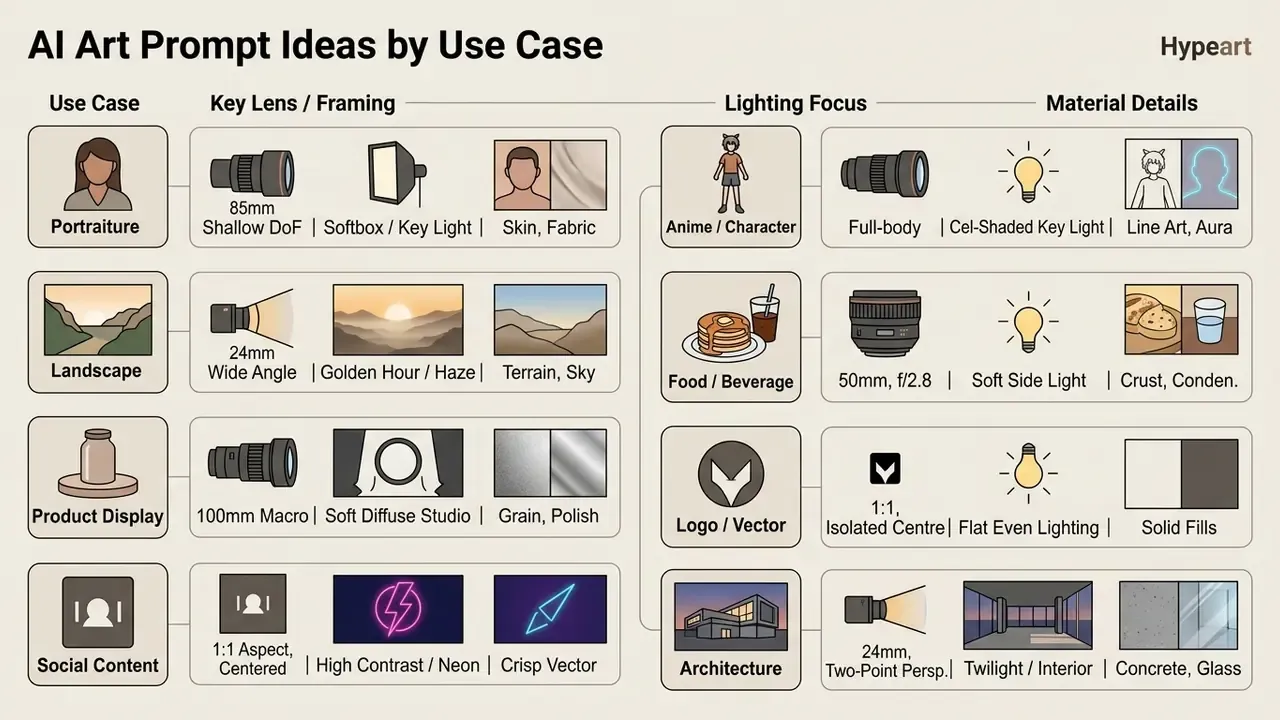 Table detailing camera settings, lighting, and material descriptors for various AI art prompt categories
