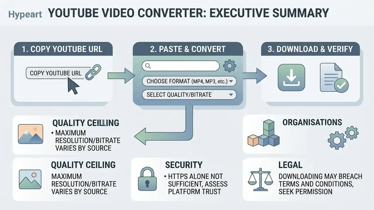 Three-step process for an online video converter showing URL input, format selection, and file download