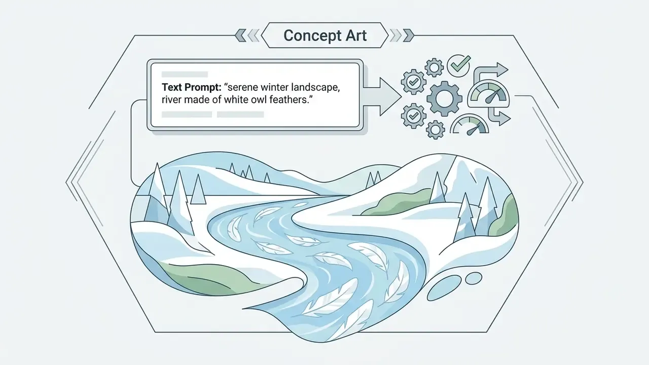 Text prompt box feeding into a gear system that renders a serene winter landscape with a feather river