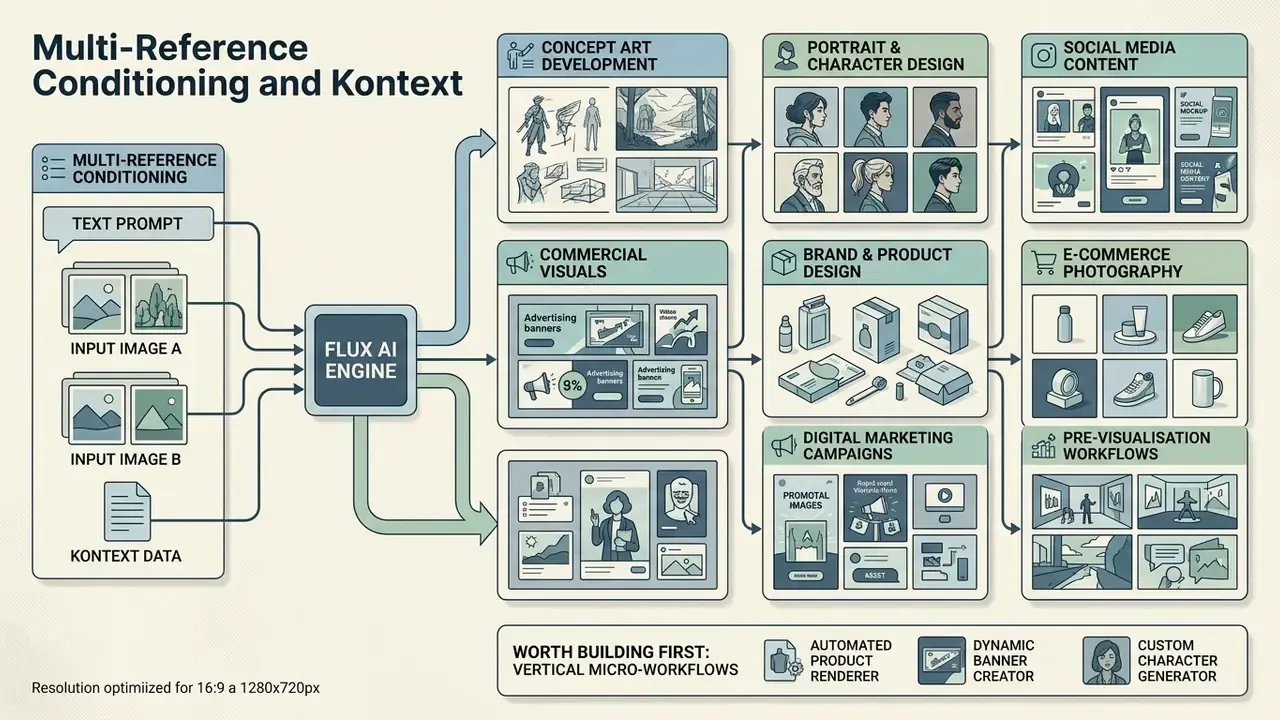 Flowchart showing how Flux AI processes multi-reference inputs for diverse commercial design workflows