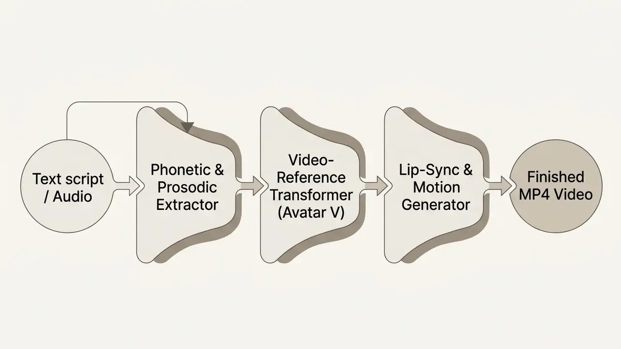 Diagram showing the sequence from text or audio input through processing stages to a finished MP4 video