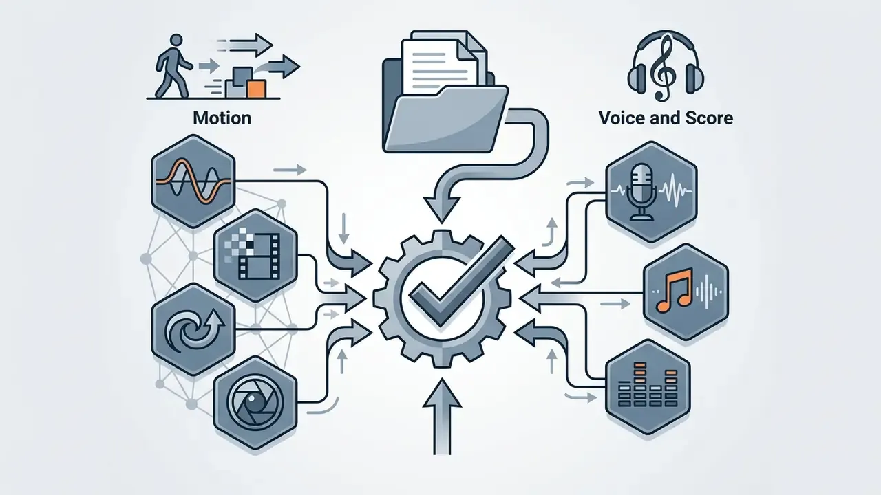 Central gear mechanism integrating motion and audio inputs from various media icons into a unified output