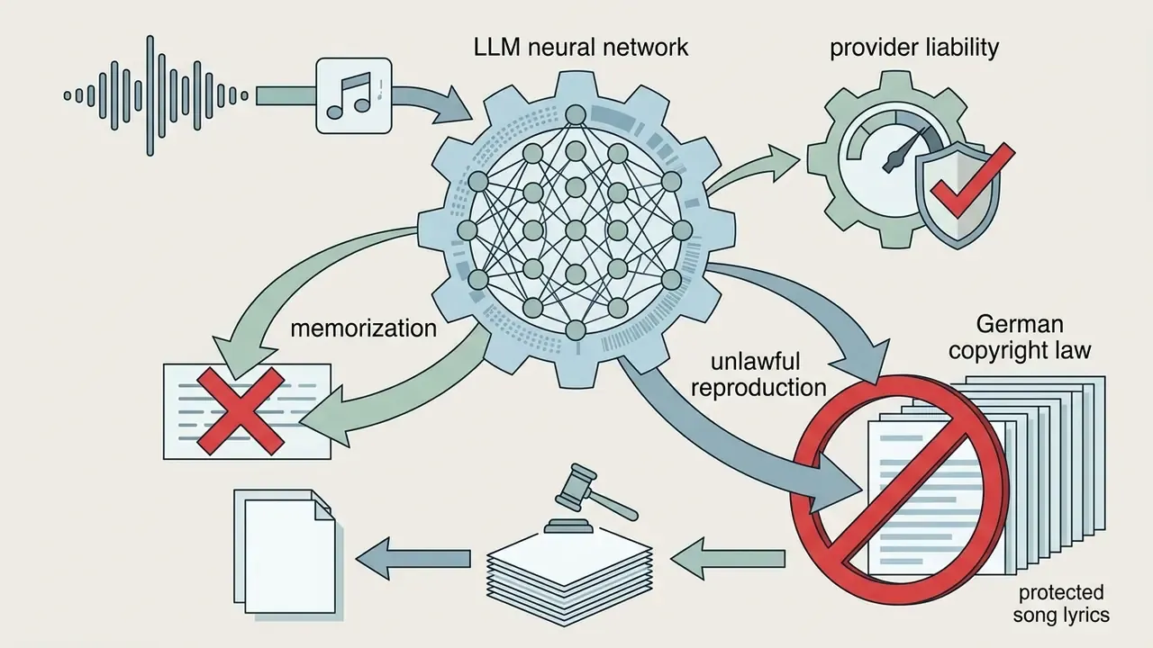 Audio input feeding a central LLM neural network gear linked to liability, memorization, and legal outcomes