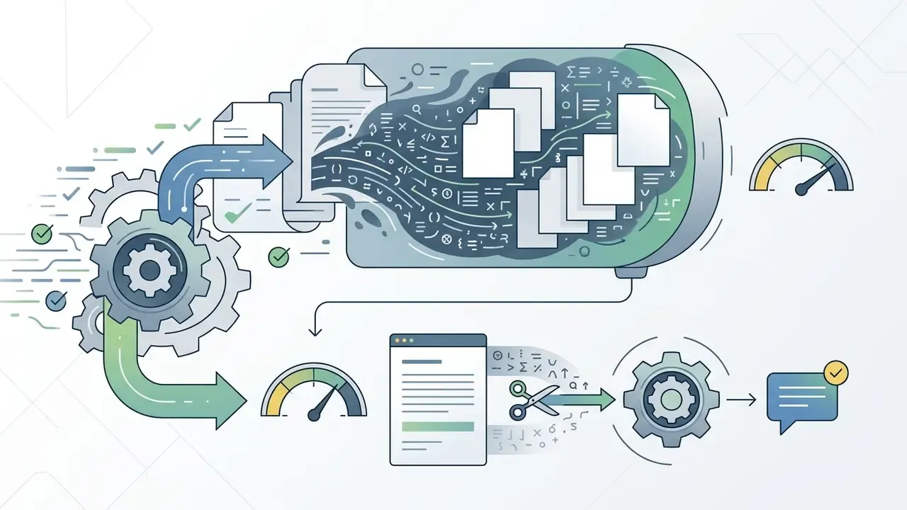 Flowchart showing data processing with gears, document streams, context pruning, and speed indicators