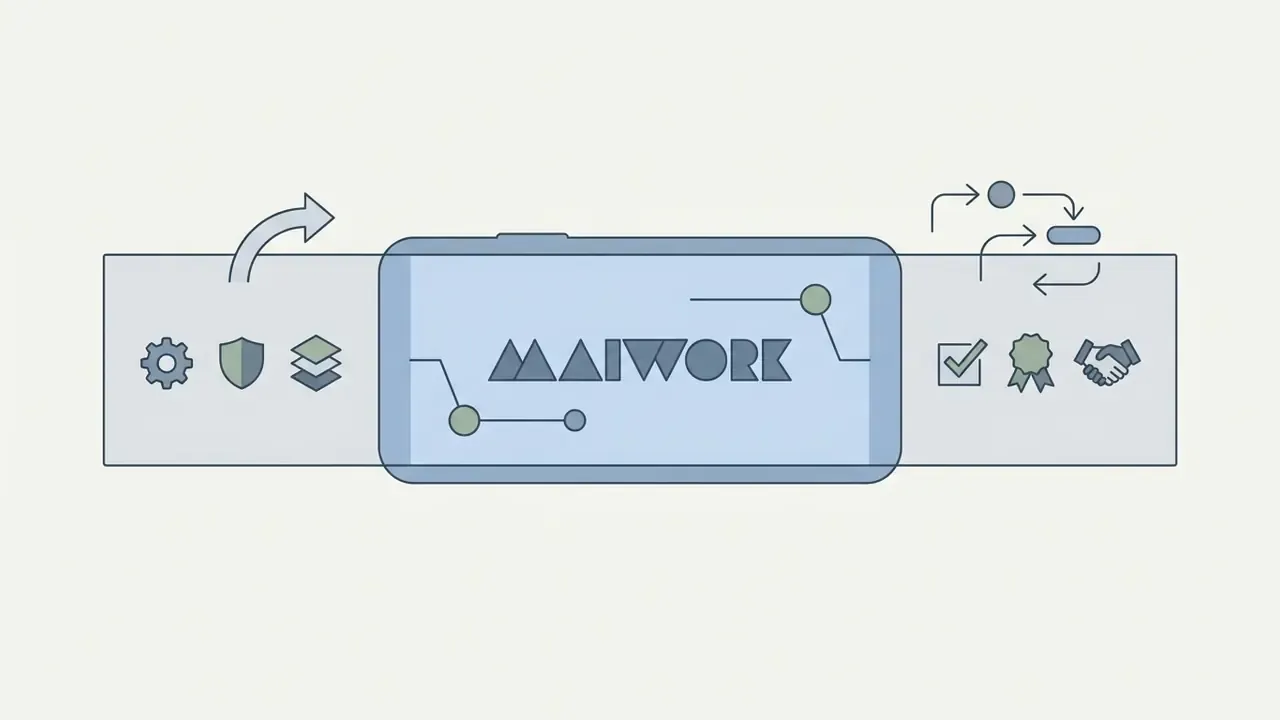 Central smartphone screen with logo flanked by technical icons and partner certification symbols