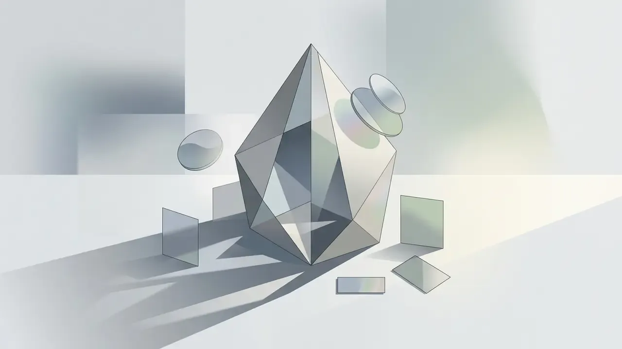 Faceted geometric crystal surrounded by floating translucent shapes and sharp shadows on a light surface