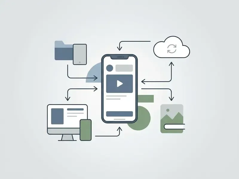 Central smartphone connected to a computer, cloud storage, and file folders via directional arrows