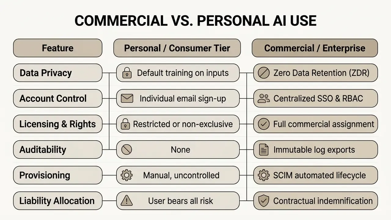 Comparison table contrasting features of personal and commercial AI tools across six key categories