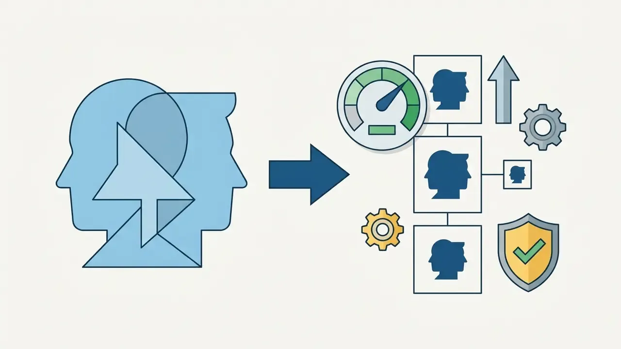 Simplified profile head silhouettes transforming into a structured hierarchy with speed and quality icons