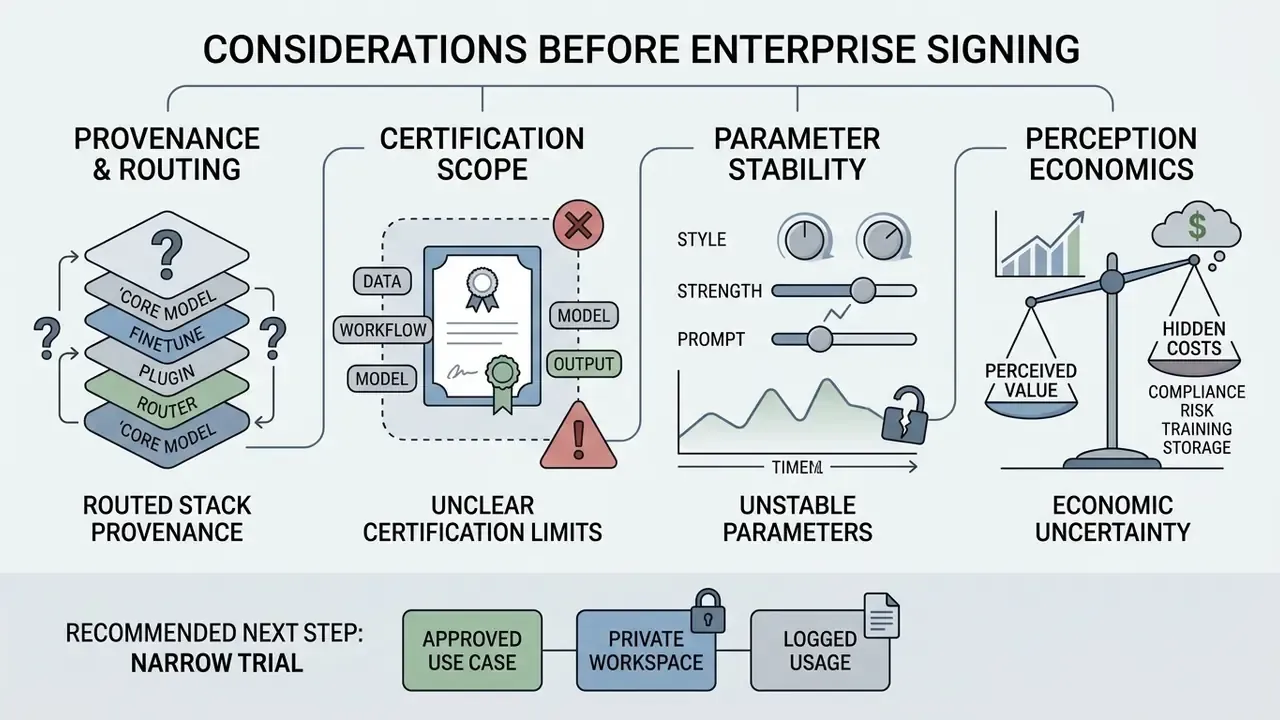 Summary of risks for Leonardo AI enterprise adoption including provenance, certification, and cost factors
