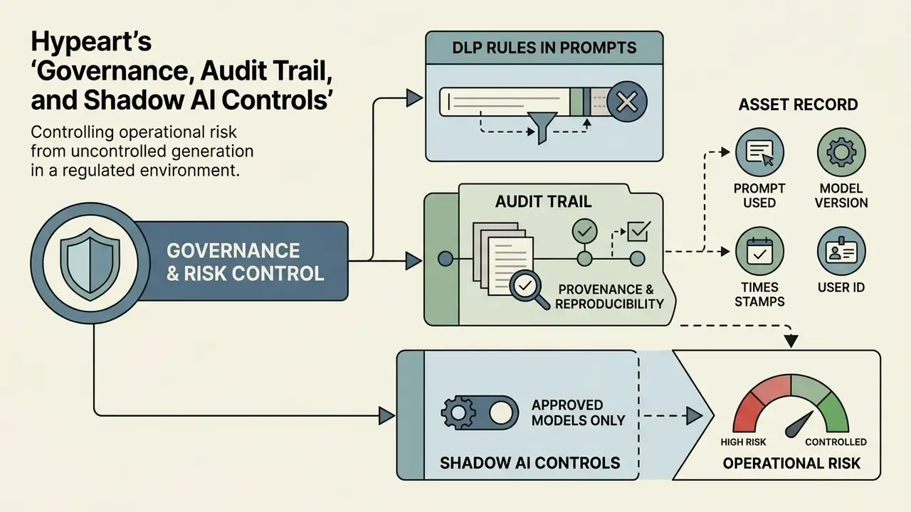 Diagram showing governance processes for DLP rules, audit trails, and risk control for AI assets