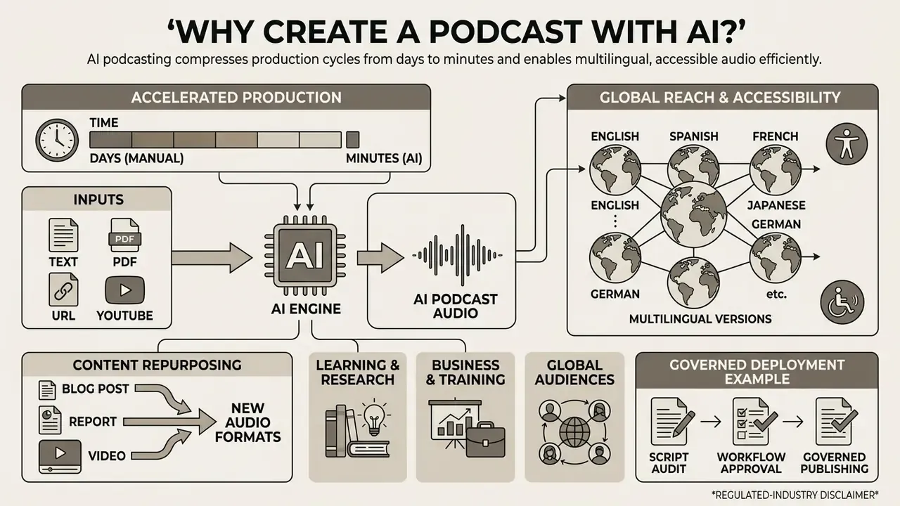 Diagram showing how an AI engine transforms various inputs into multilingual audio and accessible content