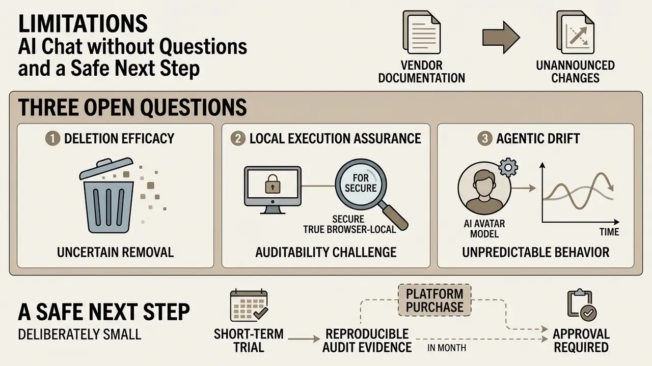 Three open questions regarding deletion, local execution, and agentic drift alongside a small trial path