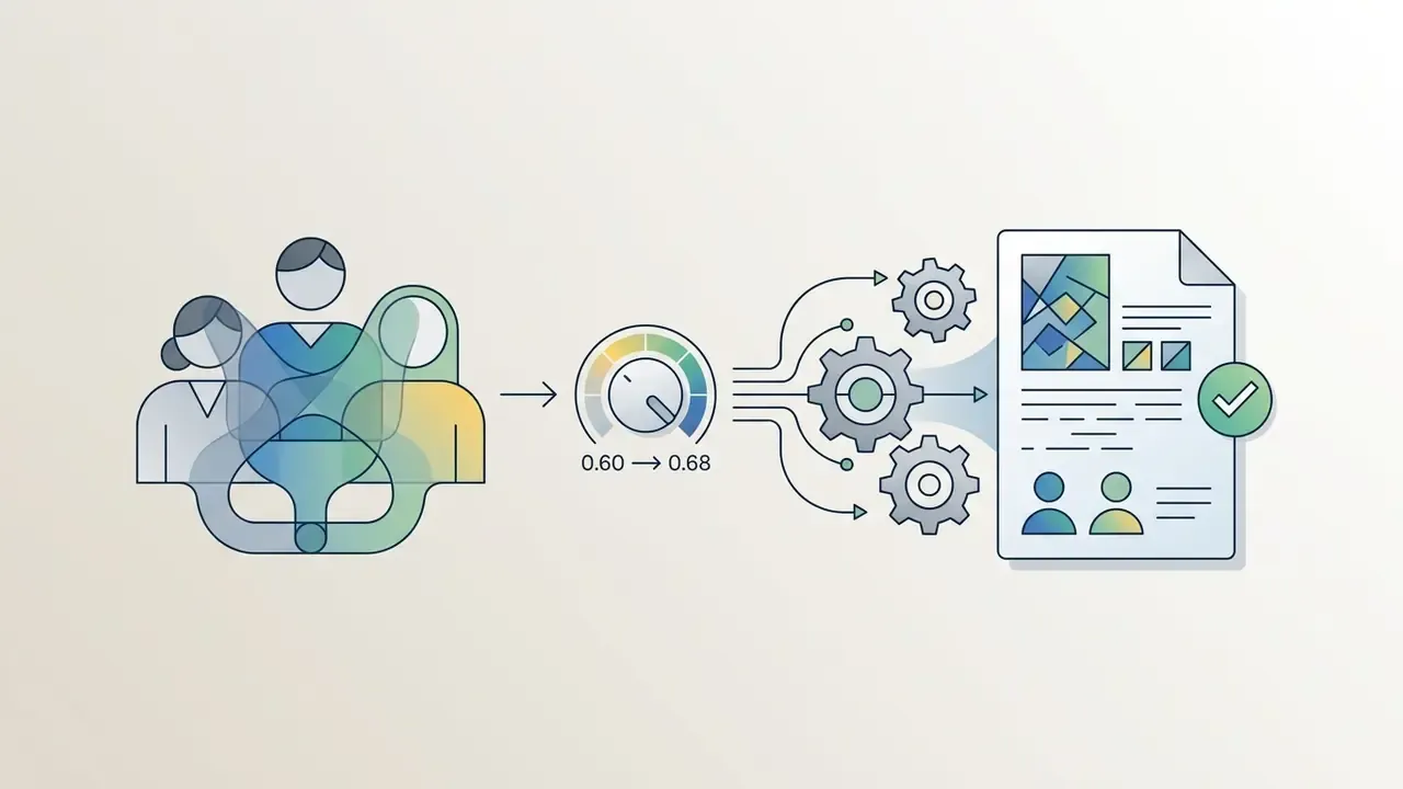 Overlapping human silhouettes processed through a dial and gear mechanism into a checked report document