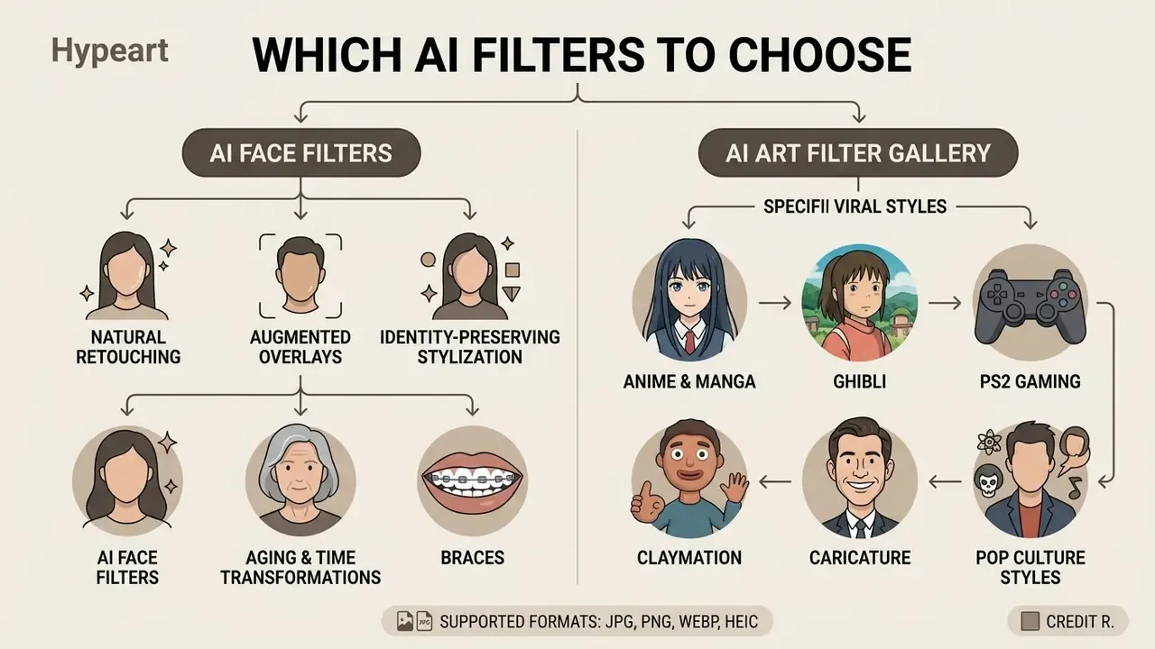 Flowchart categorizing AI face filters and art styles including anime, gaming, and aging effects
