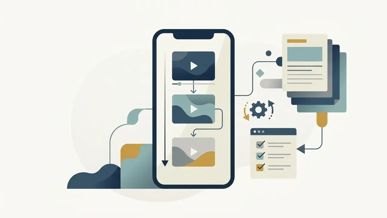 Smartphone screen showing a vertical sequence of video clips connected to document and task list icons