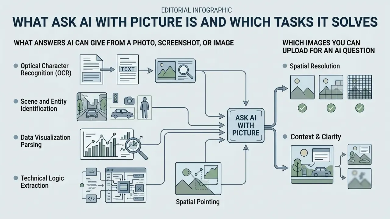 Infographic diagram showing how various visual inputs are processed by an ask AI with picture system