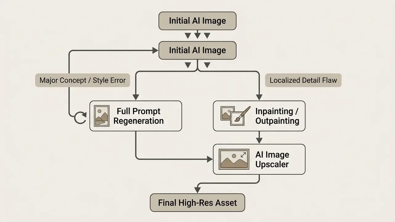 Flowchart showing paths for correcting AI image generation errors through regeneration or inpainting