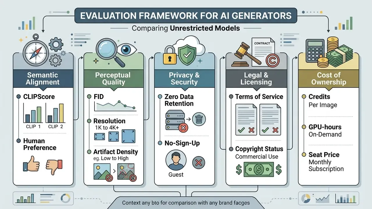 Five vertical panels outlining key metrics for evaluating unrestricted AI image generators