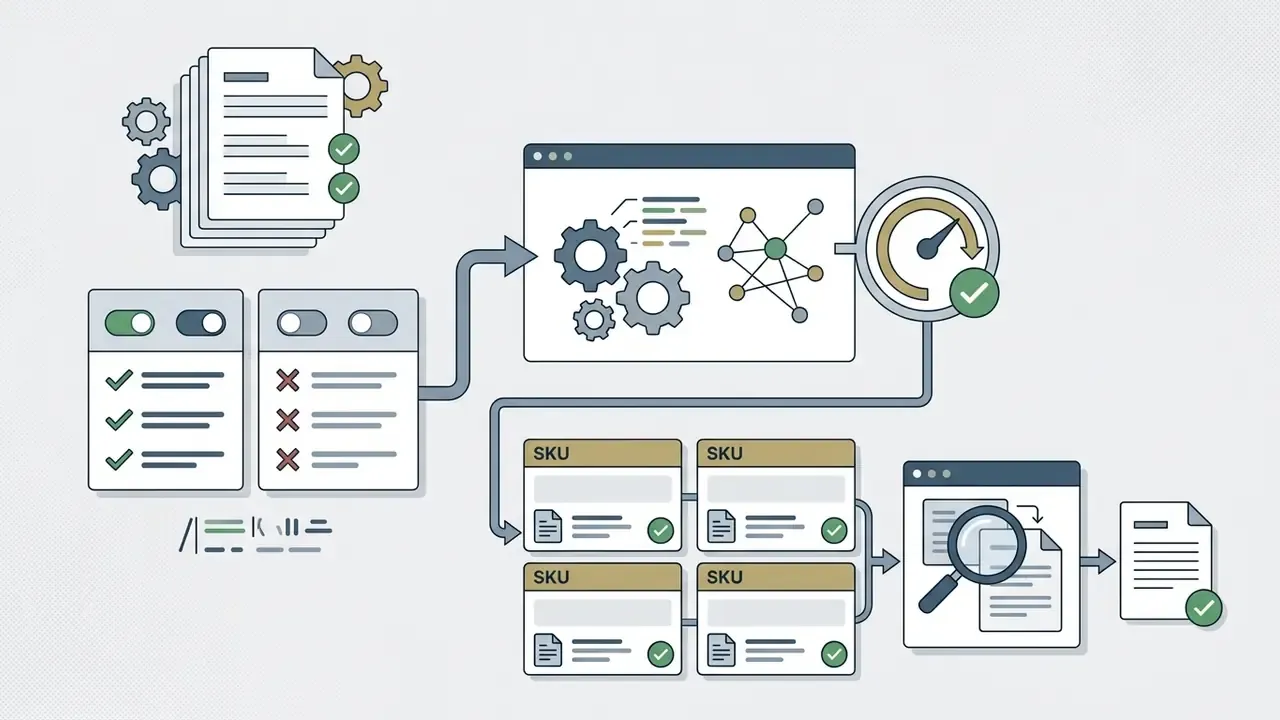 Rules and document inputs feeding into a gear processor to generate SKU content for human review