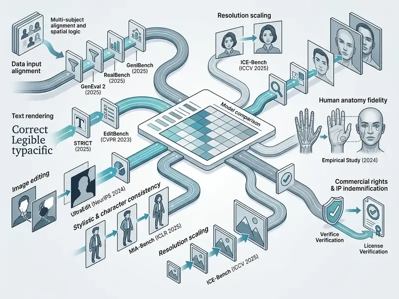 Flowchart illustrating AI image generation capabilities 2025 through various benchmarks and evaluation metrics