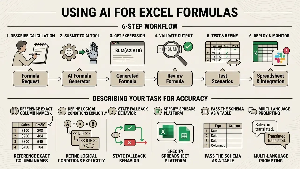 Infographic outlining a six-step process for using an AI excel formula generator and tips for accuracy