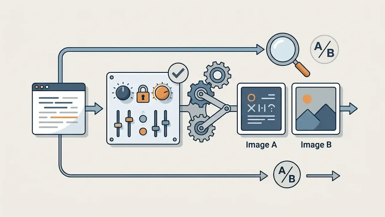 Control panel with a lock icon feeding into gears that generate two distinct images for A/B testing