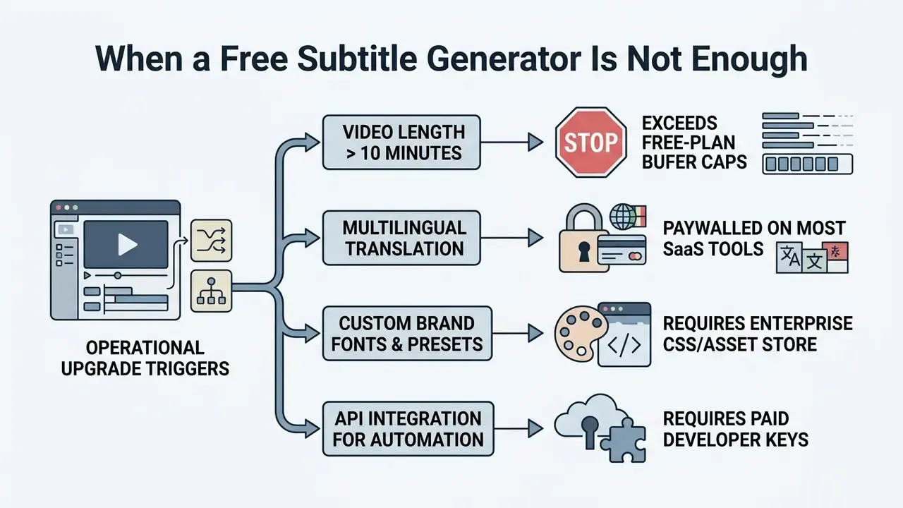 Diagram showing operational triggers that require moving beyond a free subtitle generator for video
