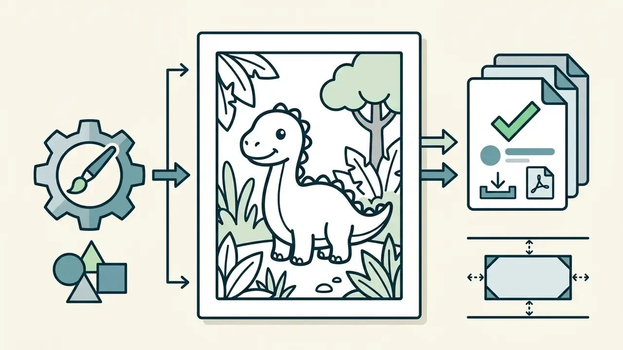 Gear icon and simple shapes processing into a dinosaur line art page for digital download and printing