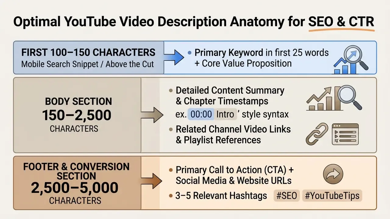 Structured layout showing character limits and content requirements for three YouTube description sections