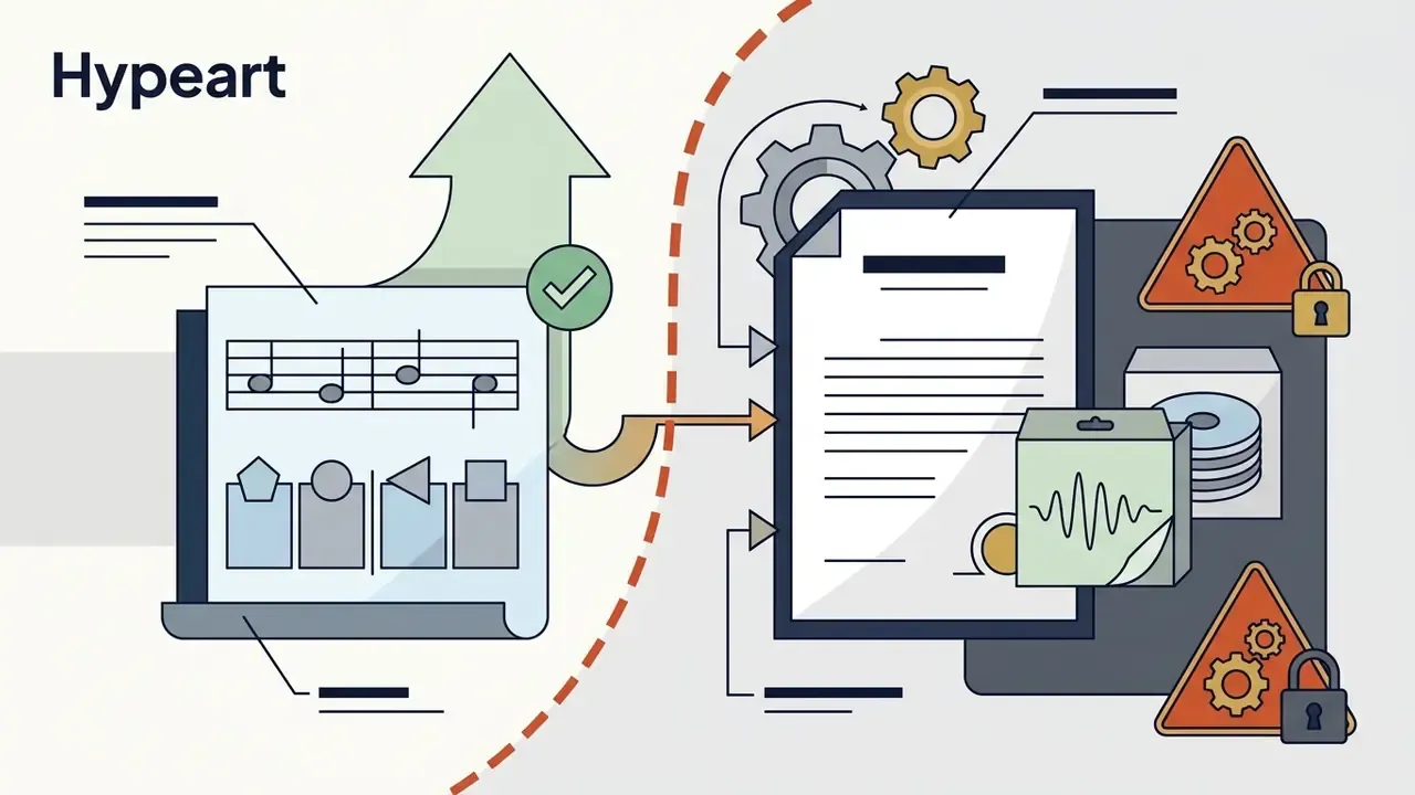 Sheet music and shapes transforming into legal documents and software packages with lock icons