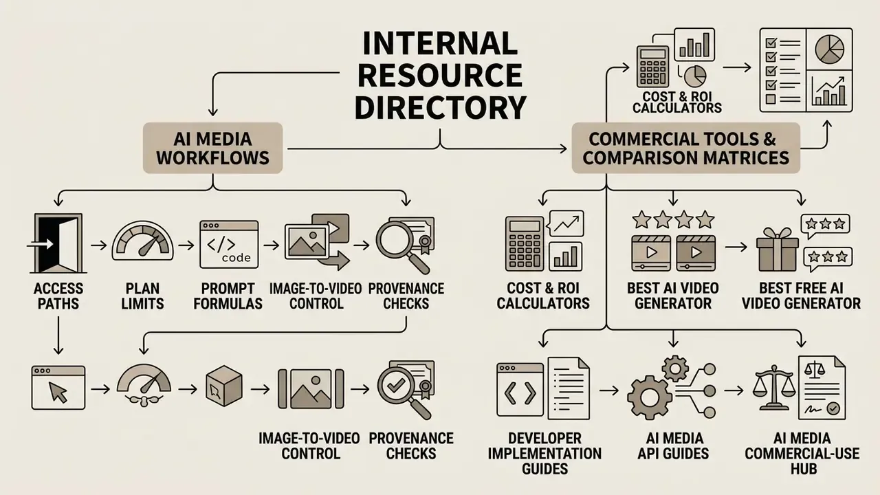 Categorized map of AI media workflows and commercial comparison tools for Google Veo AI video generator