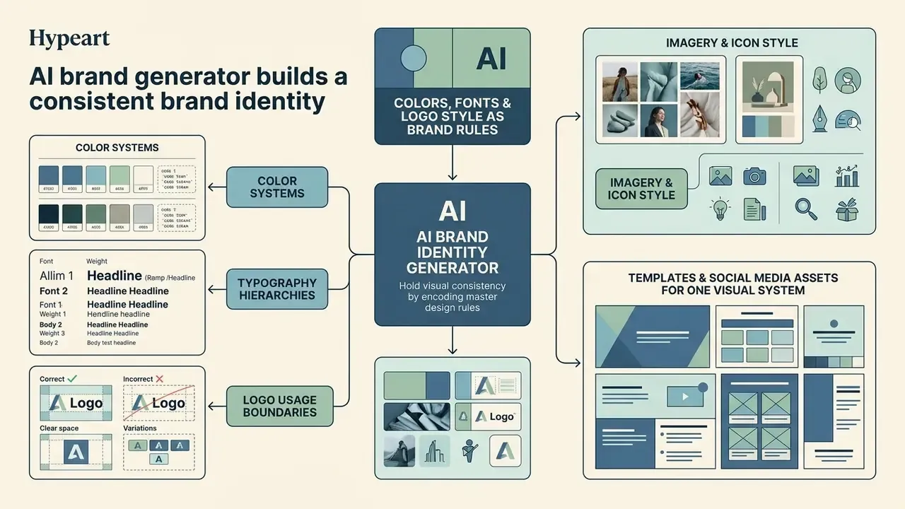 Centralized hub connecting design rules like typography and color systems to diverse visual output assets