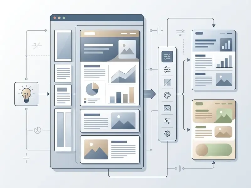 Workflow diagram showing a central document being transformed into various styled web card layouts