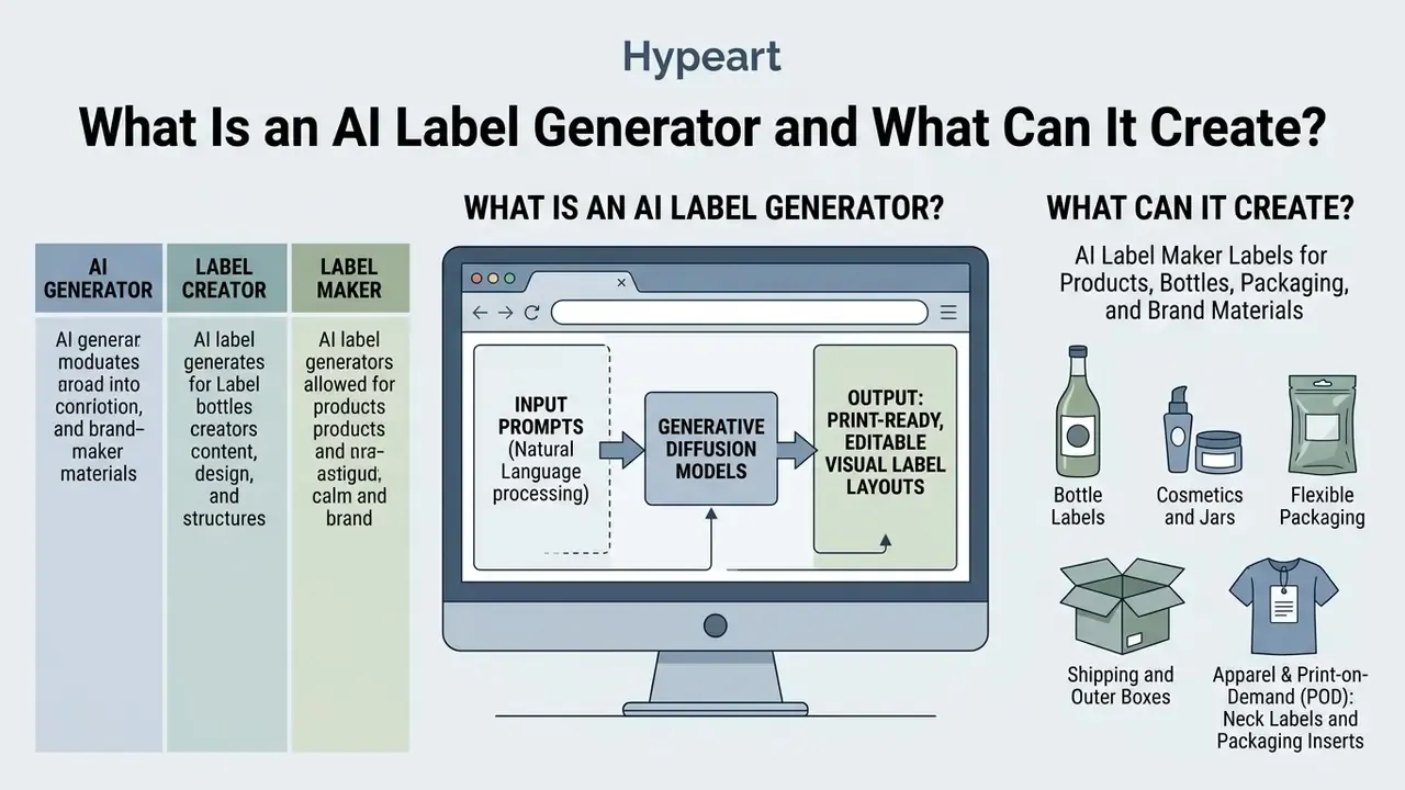 Infographic showing how an AI label generator uses prompts and diffusion models to create product packaging