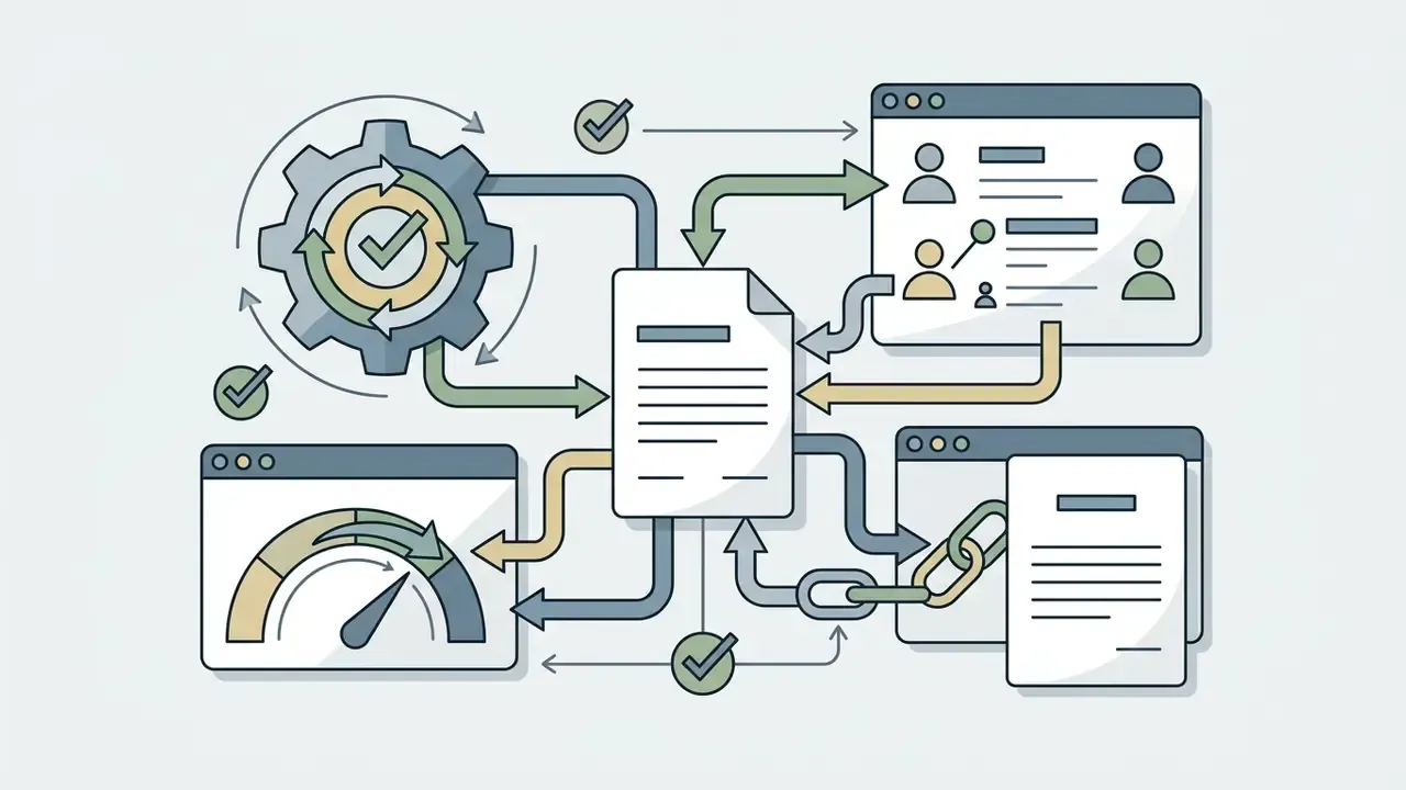 Gear mechanism and web interfaces connected to a central file by flow lines and link symbols