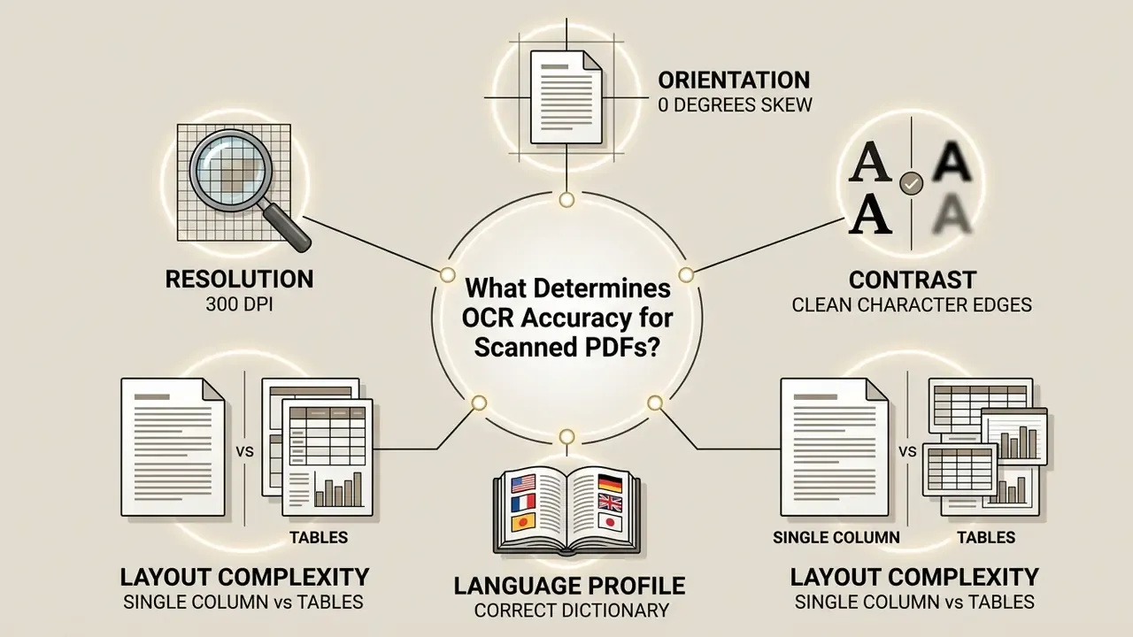 Radial diagram highlighting five key factors for improving OCR accuracy in scanned PDF documents