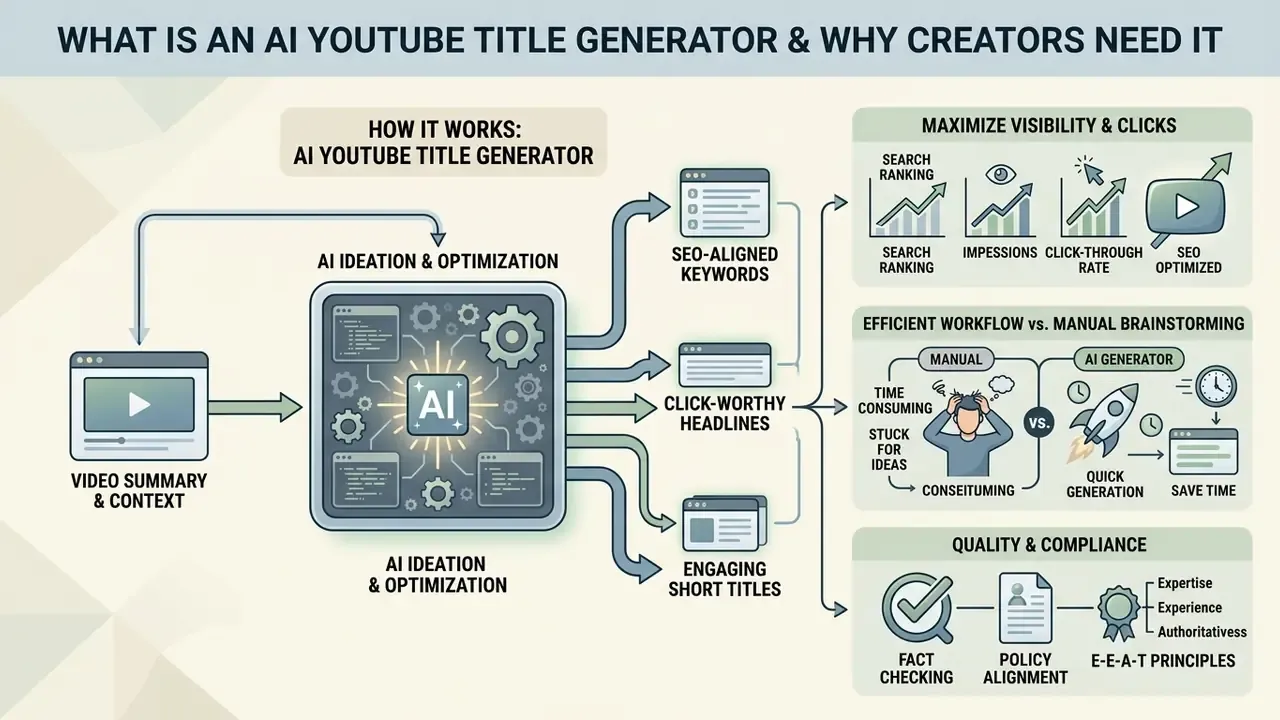 Infographic showing how an AI YouTube title generator processes video summaries to optimize SEO and clicks