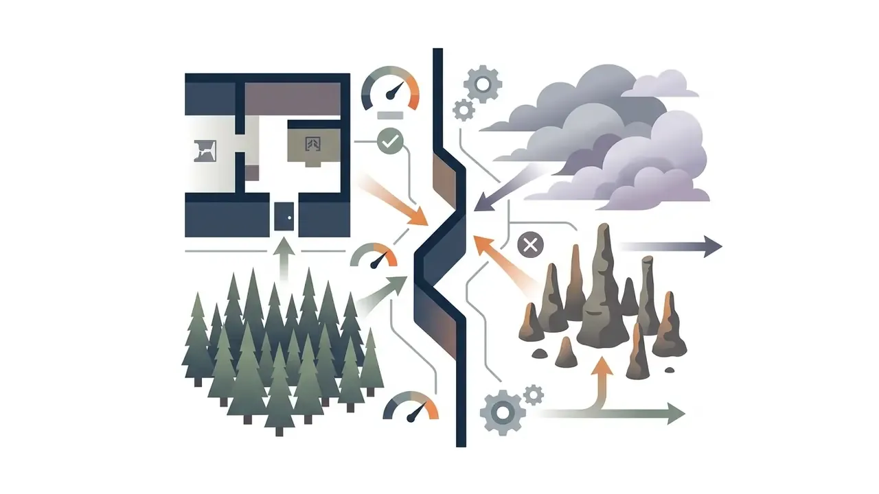 Diagram connecting interior walls and forest trees to fog banks and stalagmites with performance gauges