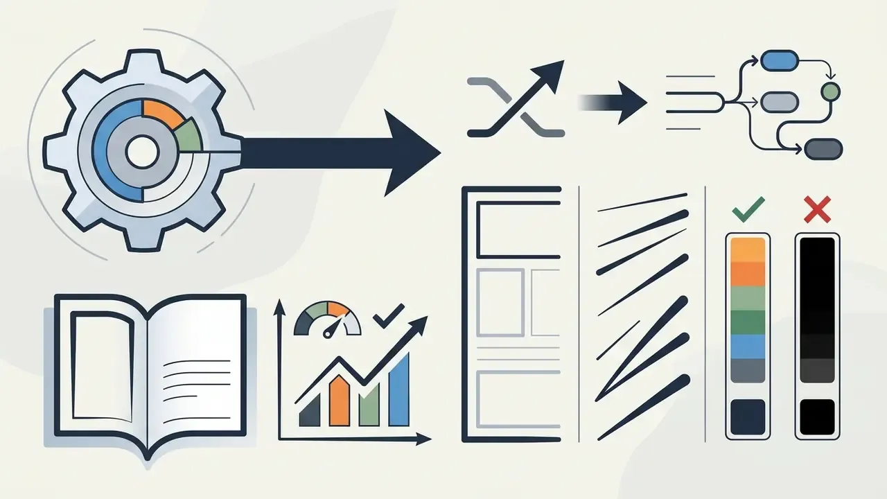 Gear icon pointing to line weight examples, color palettes, and a book representing style guidelines