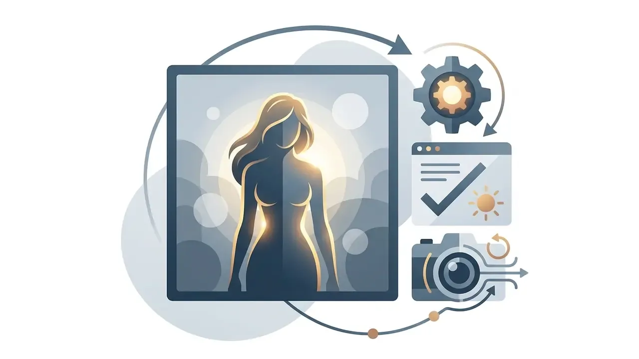 Silhouette of a woman backlit by a glowing sun icon connected to gear, checklist, and camera icons