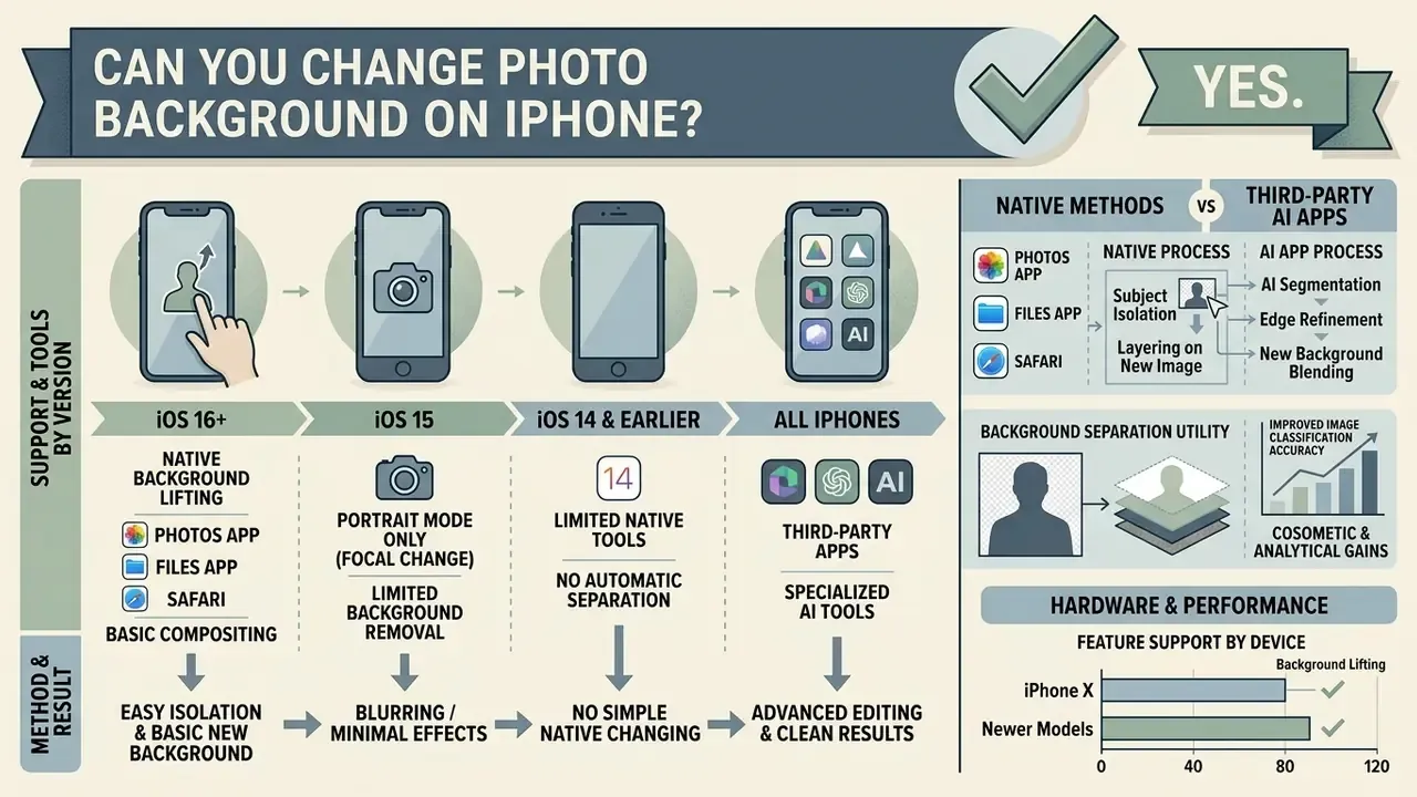 Infographic comparing native and third-party AI methods for changing photo backgrounds on various iPhone models