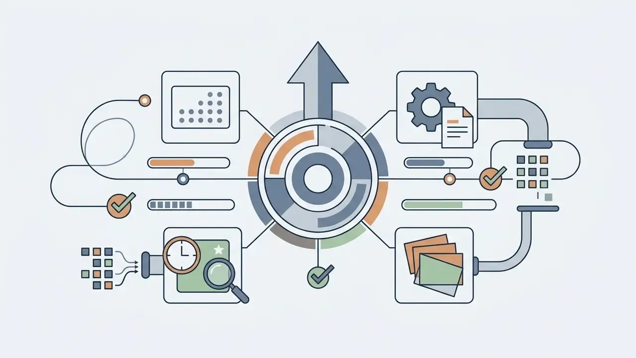 Central circular hub connecting various data processing icons including gears, documents, and file stacks