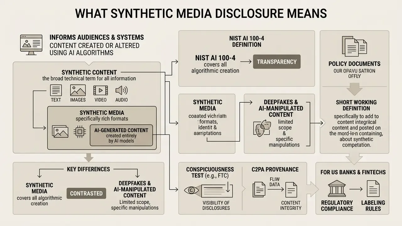 Diagram mapping the definitions and regulatory components of synthetic media disclosure