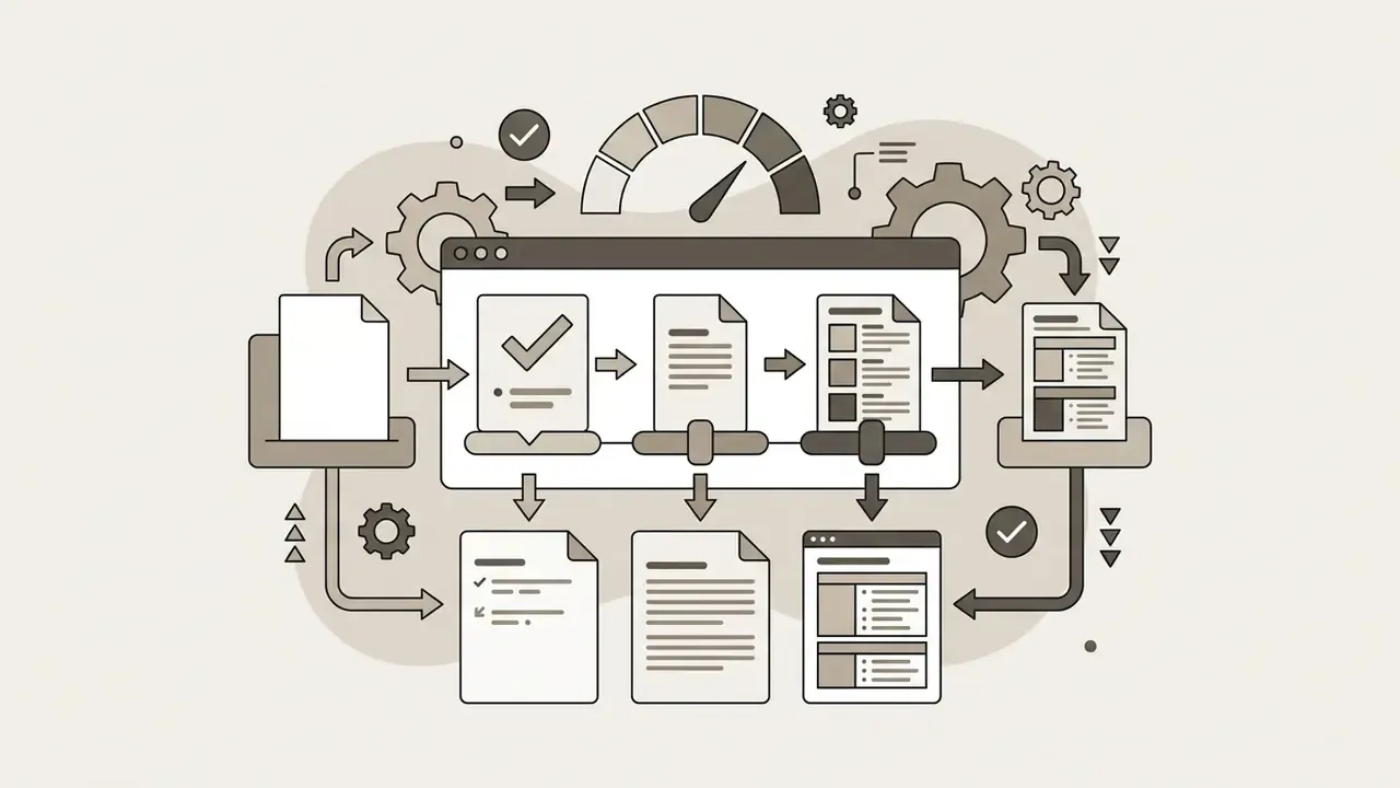 Software interface with gears and gauges processing text documents into structured feedback formats