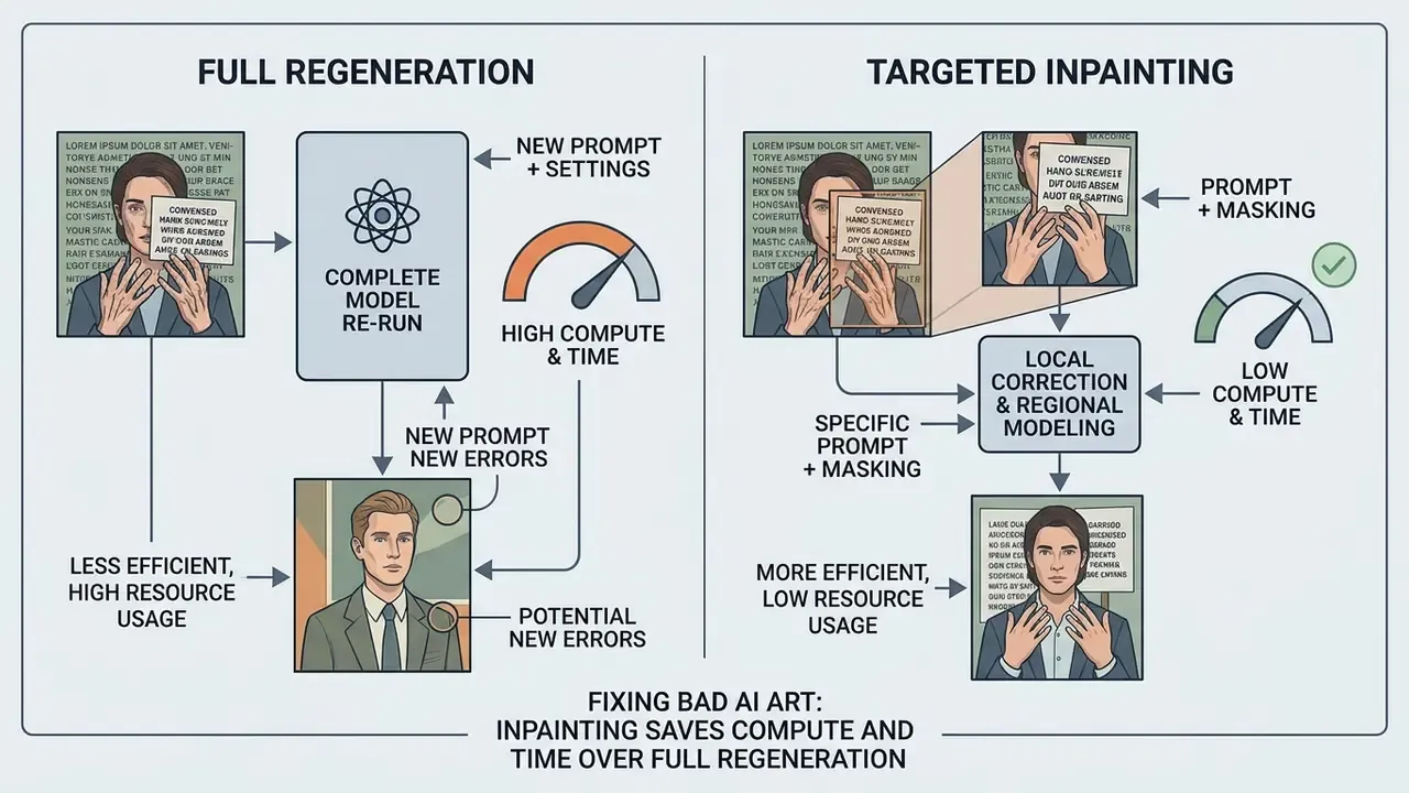 Diagram comparing the compute efficiency of full image regeneration versus targeted inpainting for bad AI