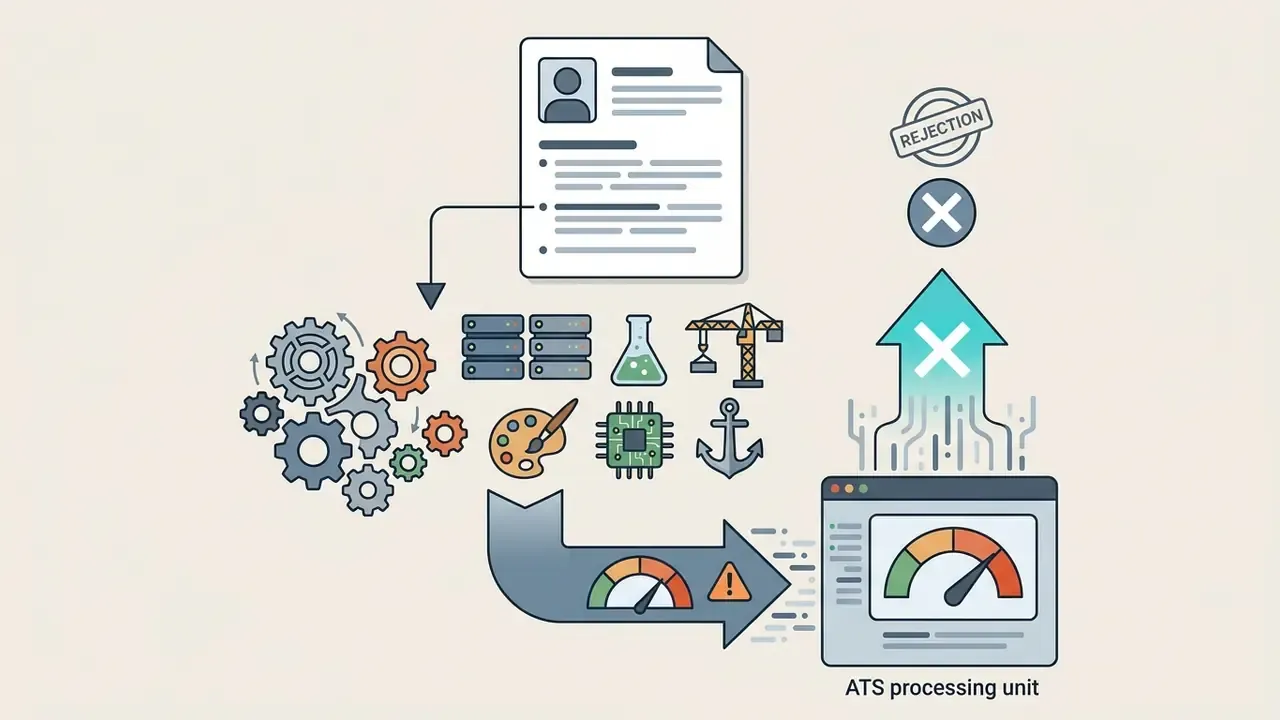Resume document processed by gears and unrelated icons leading to an ATS rejection warning