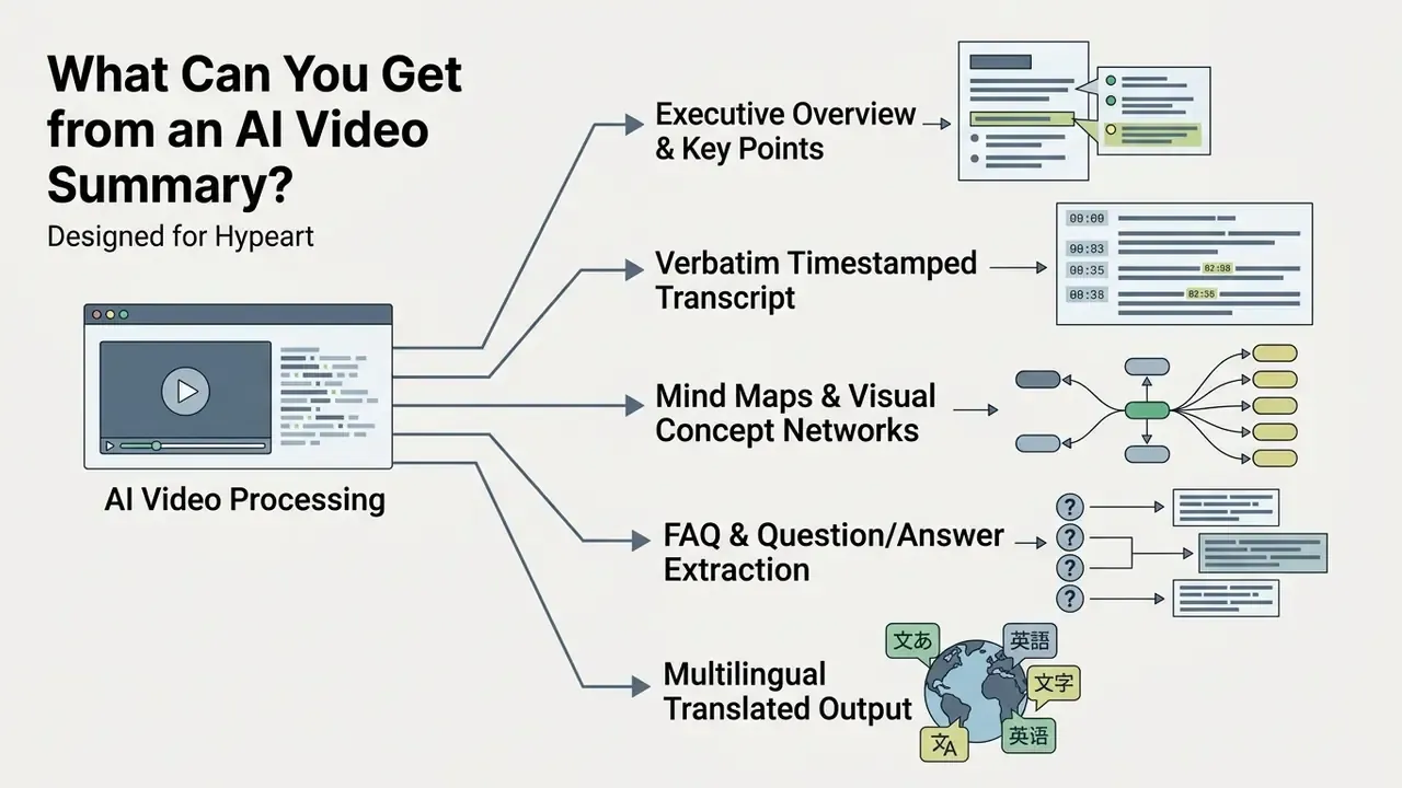 AI video processing hub branching into text summaries, transcripts, concept maps, FAQs, and translations