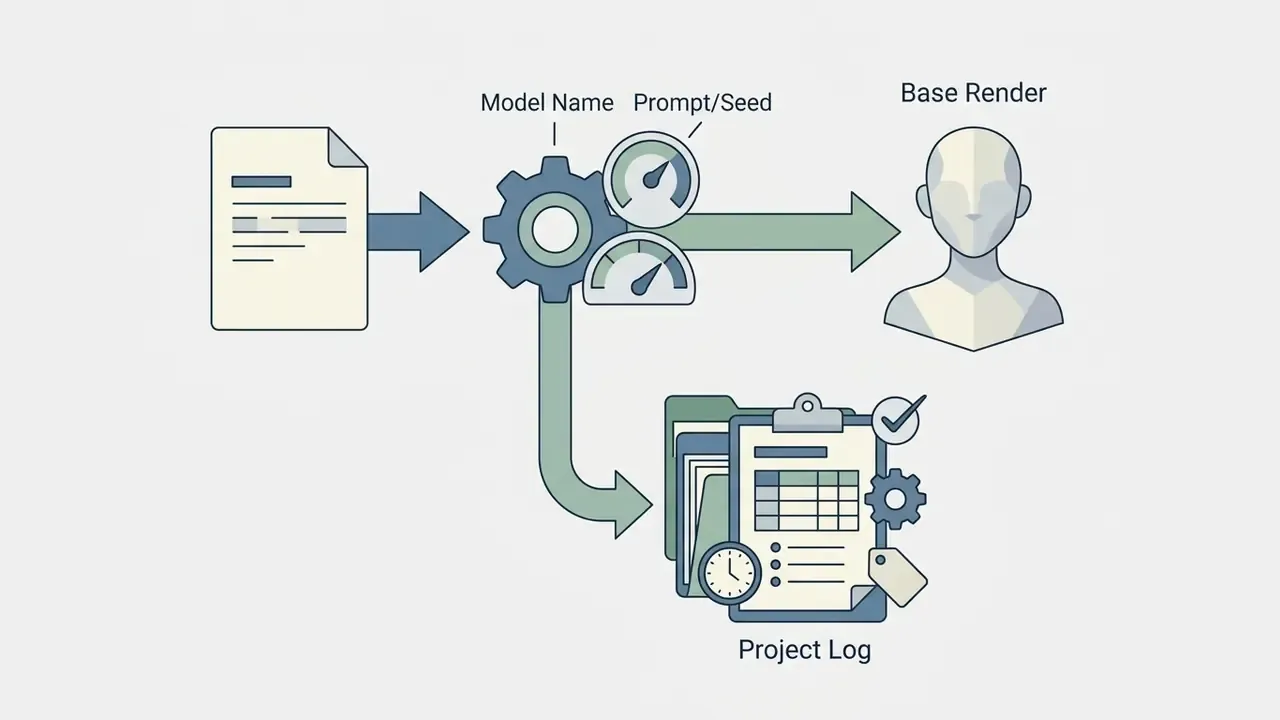 Document inputs feeding a central gear that generates a base render and saves data to a project log