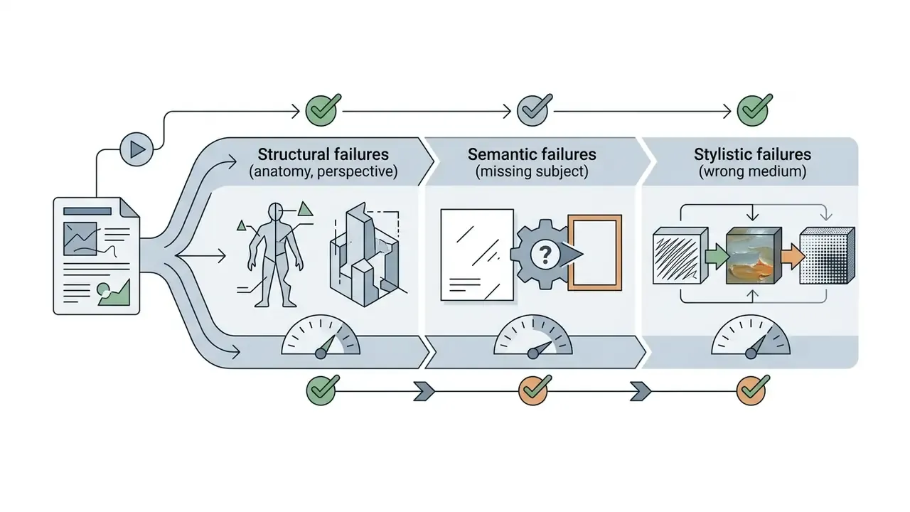 Process flow categorizing image defects into structural, semantic, and stylistic failure groups